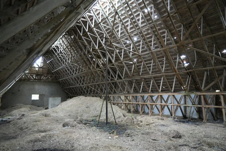 A homeowner examines continuous attic insulation and ventilation channels beneath a sloped residential roof.
