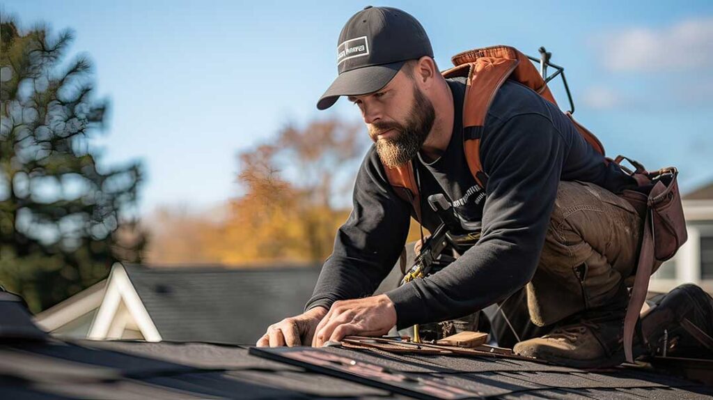 Inspector examining roof shingles and attic framing near a chimney with a flashlight and clipboard.