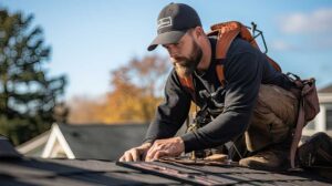 Inspector examining roof shingles and attic framing near a chimney with a flashlight and clipboard.